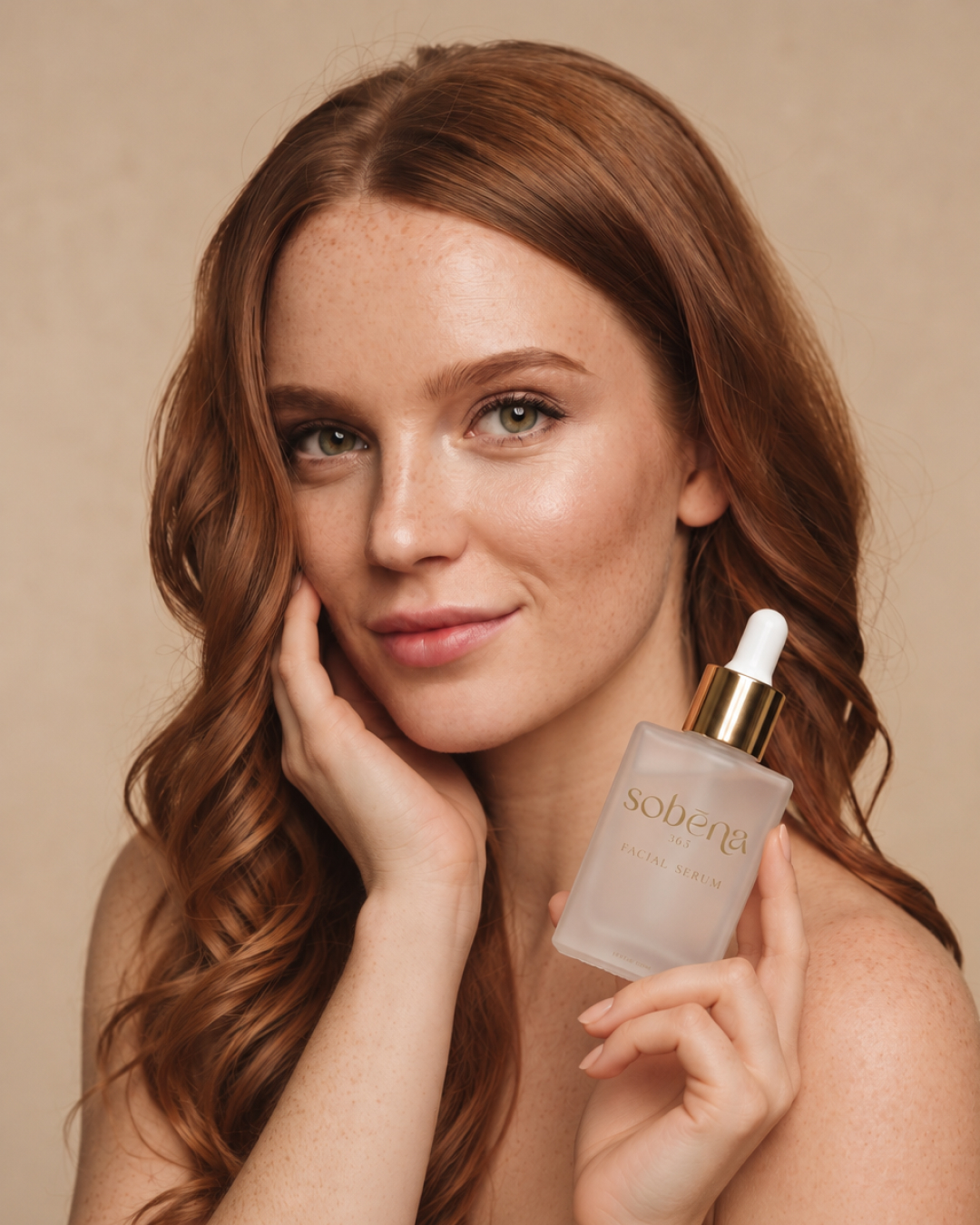 Woman holding the Sobēna Serum 365 bottle beside her face during her skincare ritual